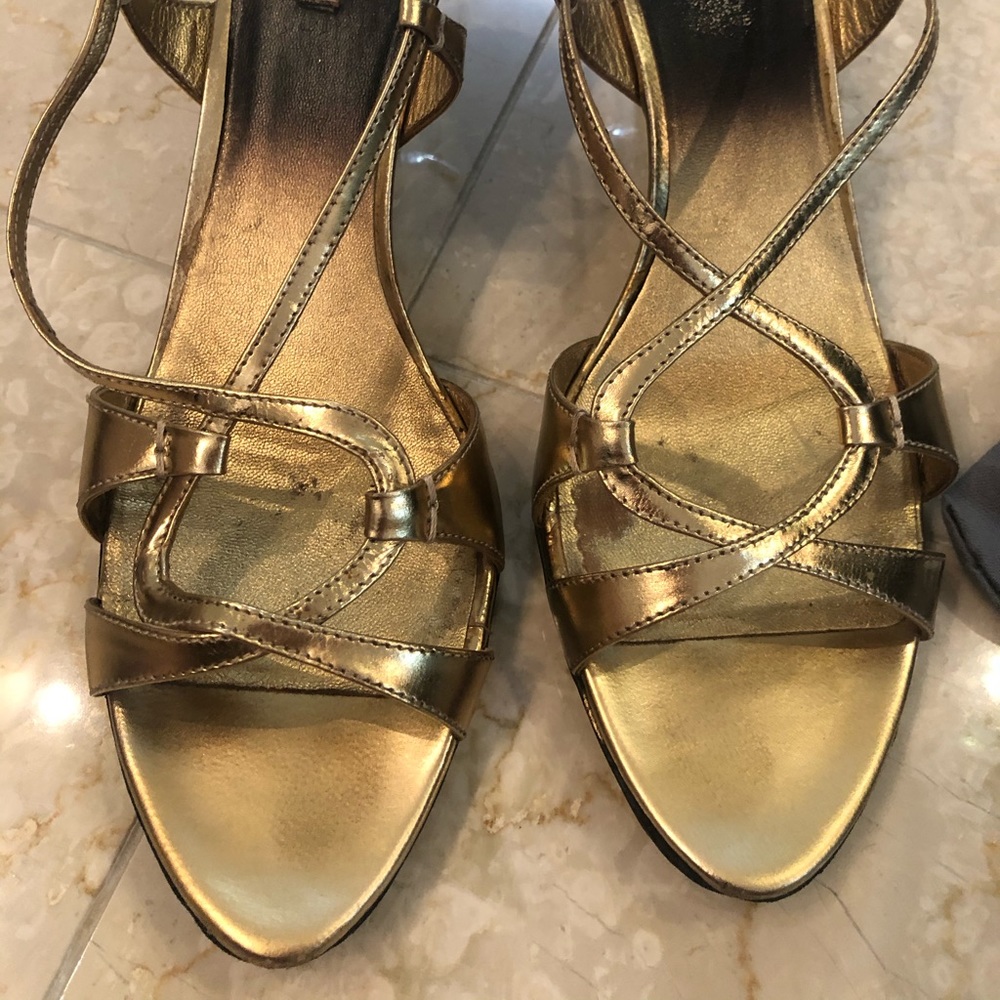 MIU MIU Gold Leather Strappy Sandal Heel with Sling Back Size 38 1/2